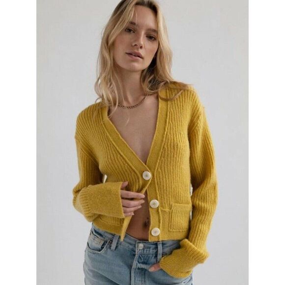 NWT FREE PEOPLE Sz S MIMOSA RIBBED CROPPED CARDIGAN SWEATER In SUNSHINE - Picture 2 of 2